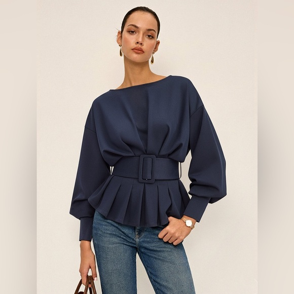 Commense Tops - NWT - Boat Neck Peplum Sweatshirt with Wide Belt